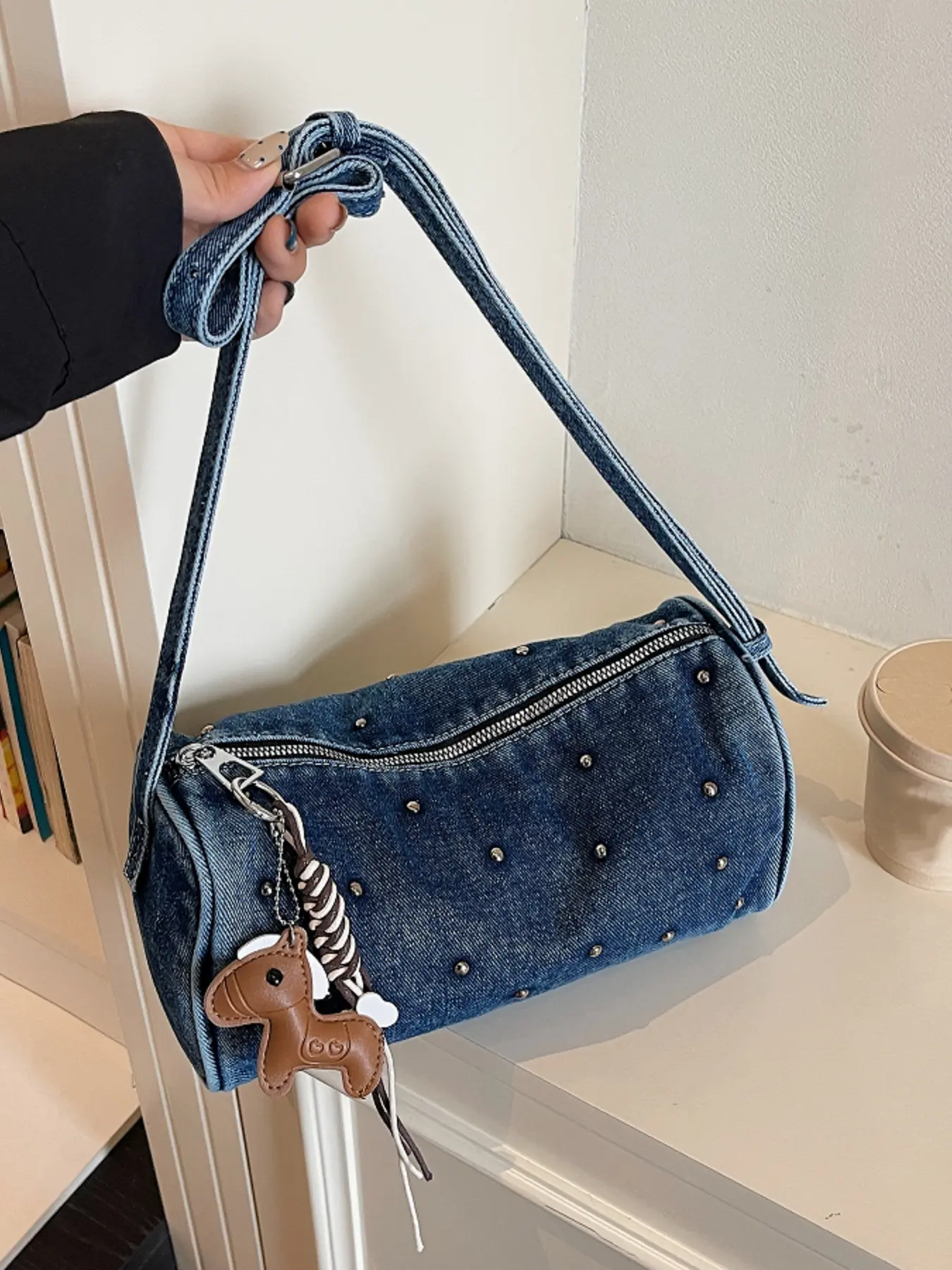 New retro washed denim bag for daily commute, pillow bag with rivet decorations, fashionable lightweight shoulder bag with pony charm crossbody bag, Denim crossbody bags, Denim shoulder purse, Casual trendy bag, Casual Trendy Purses