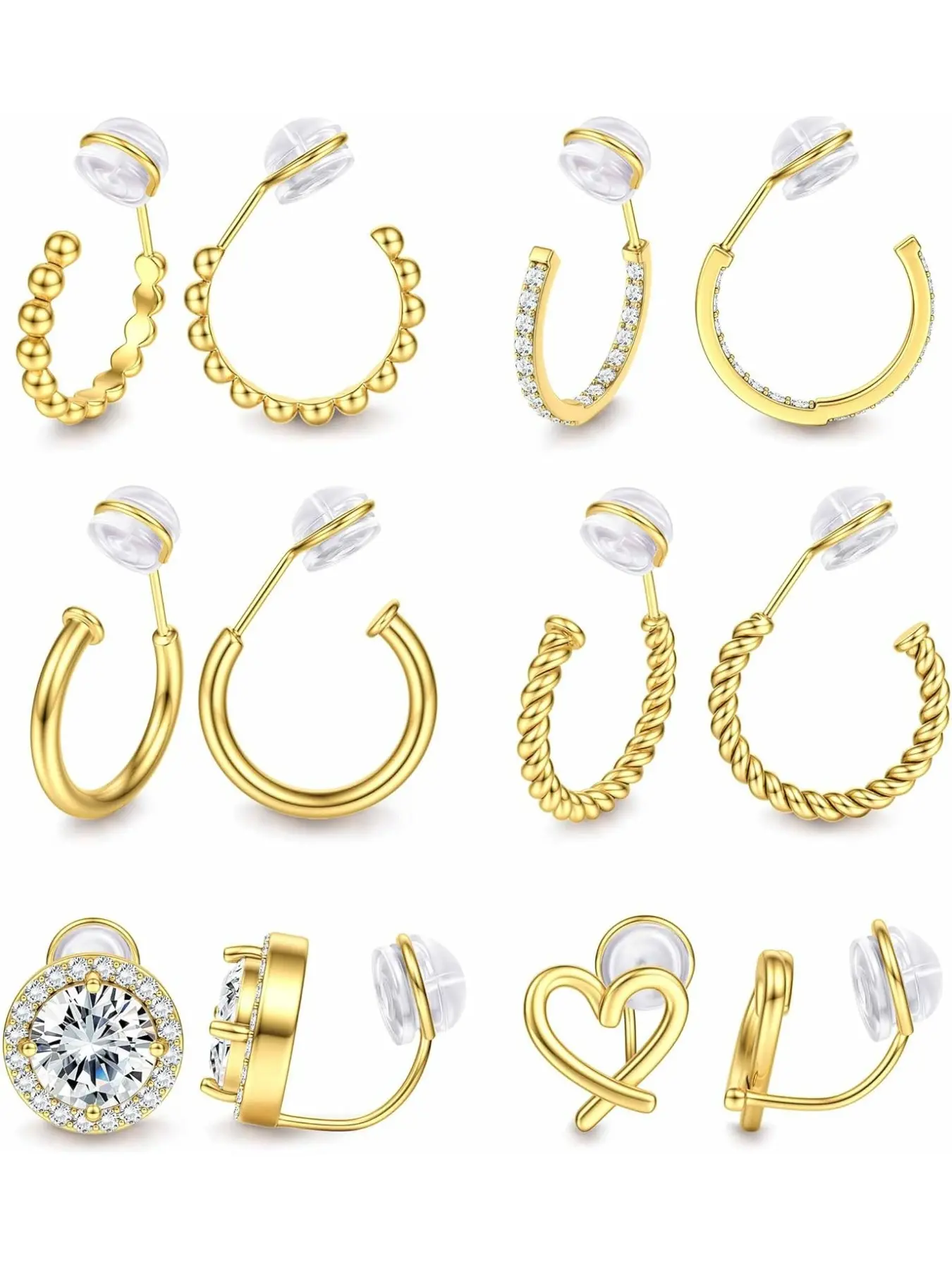 12 Pcs Gold/Silver Clip On Earrings for Women 14K Gold Plated Non Pierced Gold Clip On Hoops Earrings Small Cute Chunky CZ Heart Adjustable No Piercing Earring Hypoallergenic Fake Earrings Stackable Earrings Se