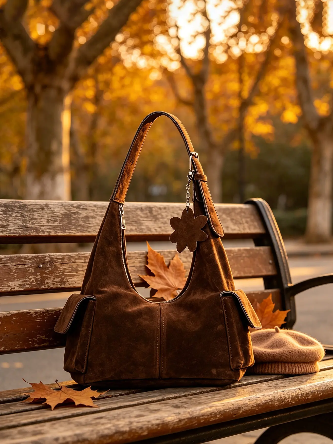 1pc Chic Solid Dark Brown Suede Hobo Handbag, Floral Tag Decor Multi Pocket Adjustable Strap Shoulder Bag for Street Fashion Shooting, Market Visits, Casual Social Gatherings, Downtown Walks, For Vintage Stylish Ladies, Muted Tone Outfit Followers