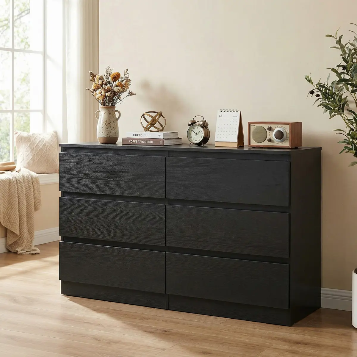 [Bellemave] 6 Drawer Black Dresser, Modern Bedroom Dresser with Spacious Countertop, Wood Storage Cabinet with Concealed Handles & 6 Deep Drawers for Bedroom, Living Room, Entryway, 15.7" D x 47.2" W x 30.9" H