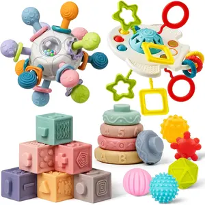 Baby Toys 6 to 12 Months, 5 In 1 Montessori Toys for 1 Year Old, Incl Travel Pull String Toy & Rattle Teether & Stacking Baby Block & Soft Infant Ring & Sensory Ball for Toddler 0-3-6-9-12 Monthfidget toys