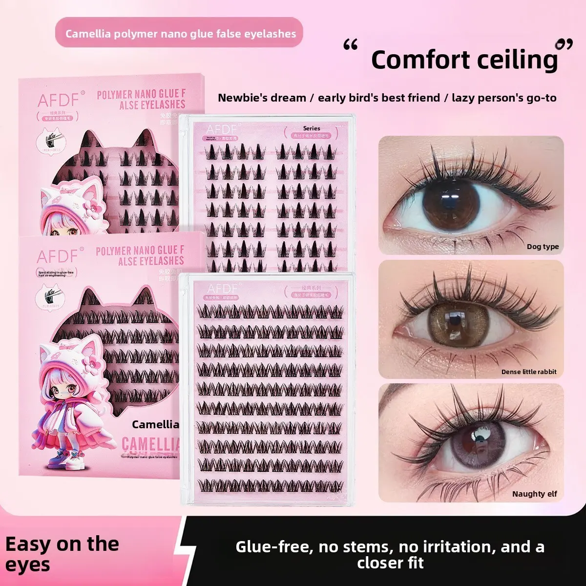Viral Camellia Nano Gel Self-Adhesive Lash Clusters, 10 Rows Large Capacity Cat Elf Lashes, Natural Voluminous Glueless Eyelashes For Lazy Beginners