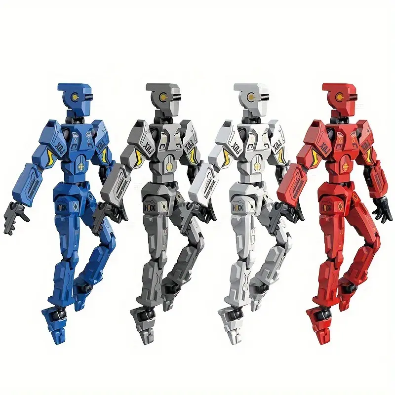 A Set of 4pcs in a Box, Featuring a Fully Articulated Digital Robot Figure. This Jointed Action Doll Model Allows for Assembly And Flexible Posing, Making It a Decorative Toy for Your Desk, Complete with a Stand And Stickers