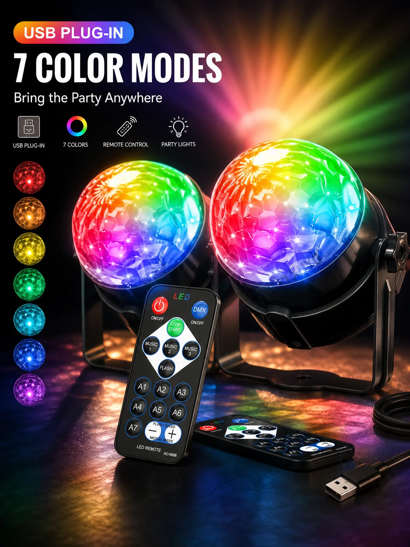 2-Pack USB Plug-in Disco Ball Party Light, 7 RGB Color Modes, Remote Control & Sound Activated DJ Stage Strobe Light for Home Birthday Wedding Karaoke Car Party Decoration