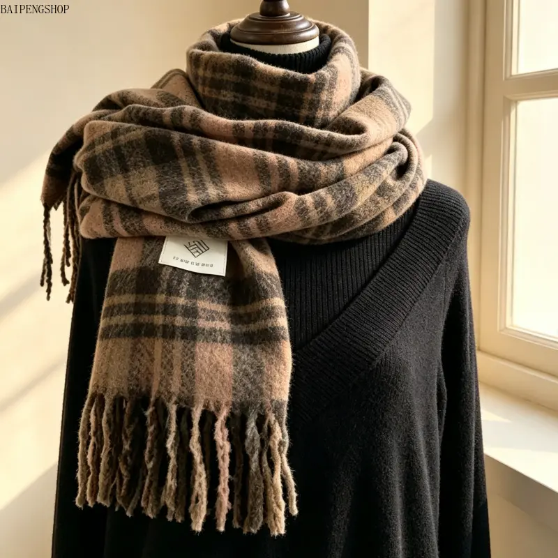 Women's Fall Winter Plaid Scarf, New Korean‑Style Versatile Faux Wool Shawl, Luxurious High‑End Thick Neck Warmer, Ideal Warm Gift for Girlfriend & Daily Casual Outfits