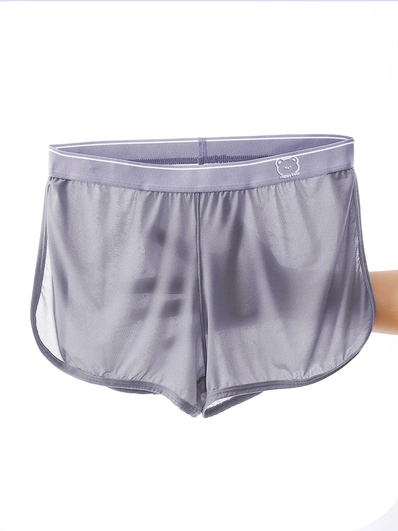 Men's Loose Mesh Boxer Briefs, Cute Bear Logo Elastic Waist, Breathable Transparent Mesh Underwear All Seasons, Casual Home Sleep Pants