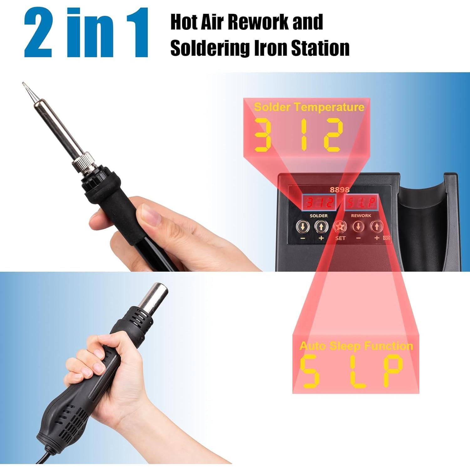 12 count Soldering Station, 2 in 1 Hot Air Functions Digital Display Soldering Iron Soldering Kit, 8898 Portable SMD Rework Station, oC/oF Cool/Hot Air Conversion and Auto Sleep