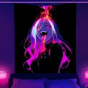 Glow In The Dark Anime Design Neon Tapestry Ethereal Demoness Pattern Blacklight  Theme Uv Reactive Wall Tapestries Vibrant Colorful Luminous Wall Hanging Ideal Festival Gifts for Friends 60X40 Decor Room Decoration