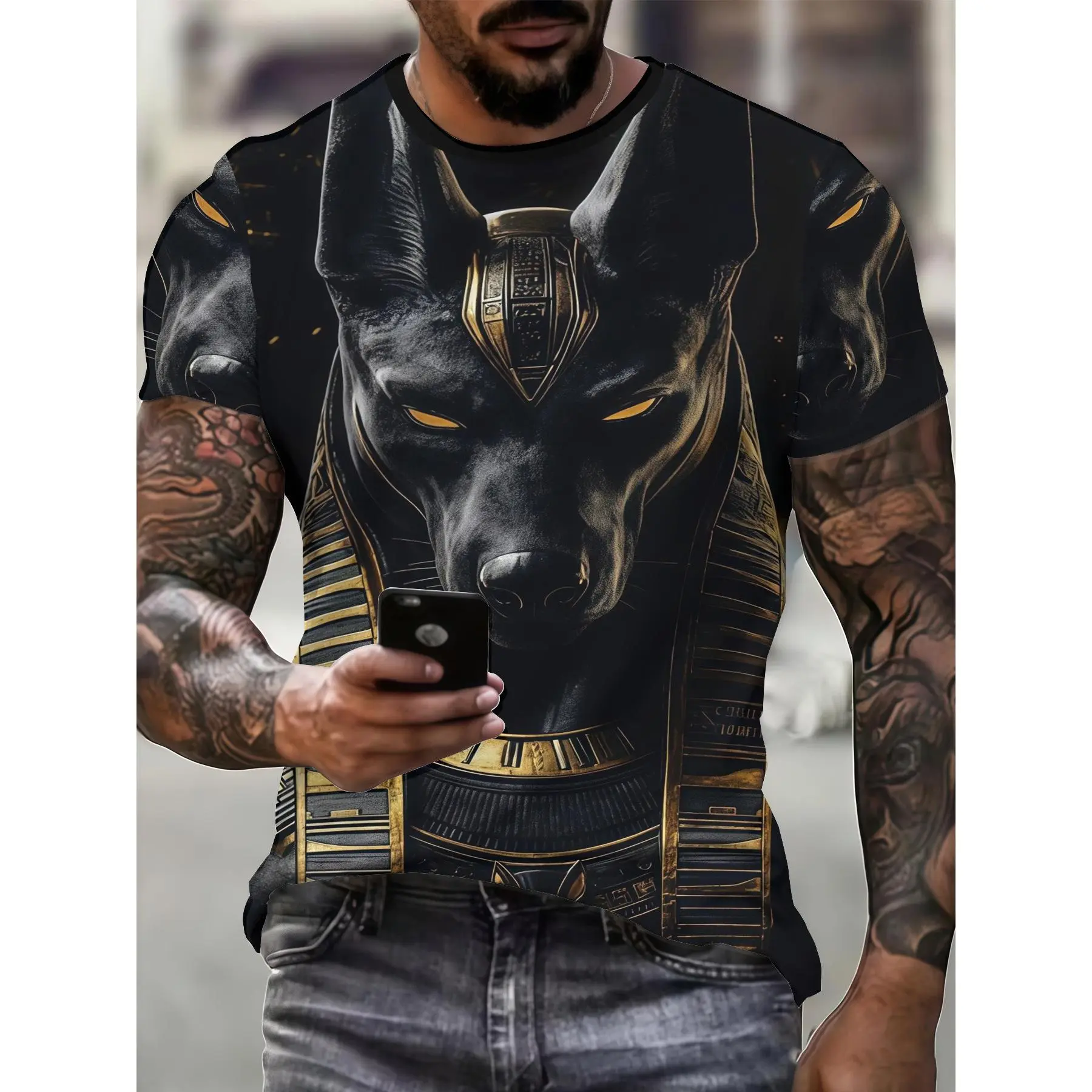 Men's Sport T-Shirt with Ancient Egyptian Anubis Graphic, Round Neck Stretch Polyester Casual Top, Shortsleeve, Menswear, Tshirt, Men's T Shirts, Regular Fit, Male