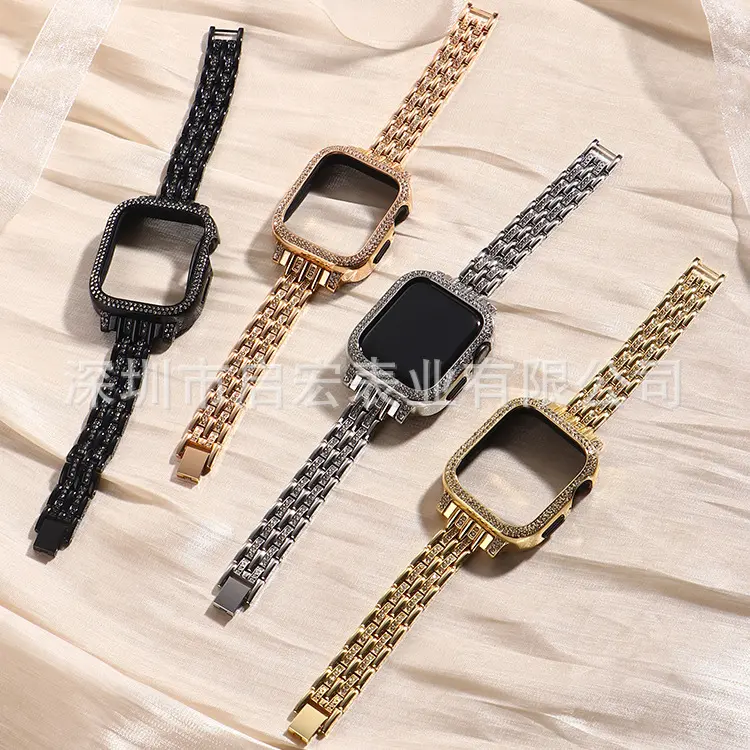 Fashion Look Diamond-Embellished Stainless Steel Integrated Watch Strap with Snap Clasp