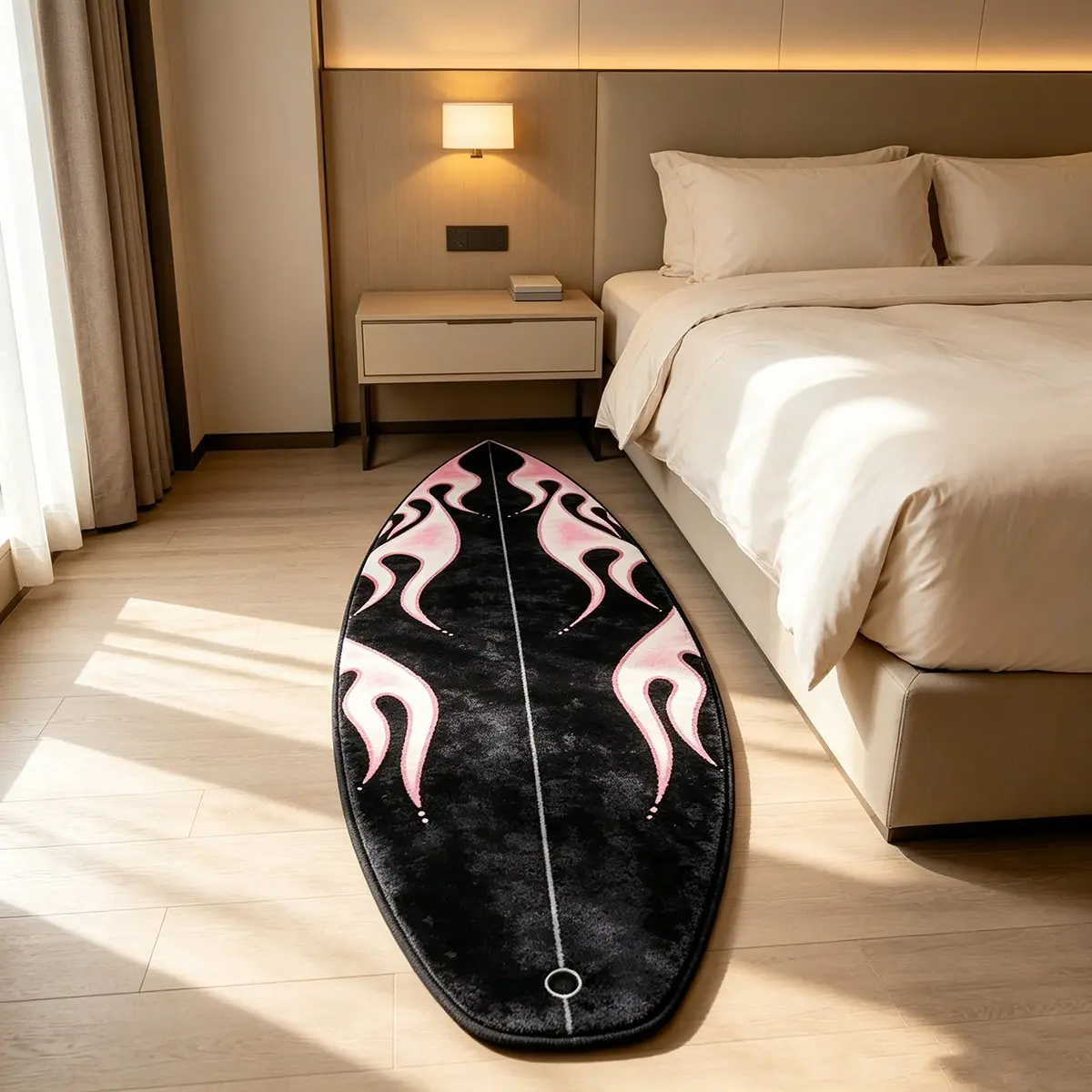 1PC Ocean Surfboard Shaped Long Rug, Indoor Rug, Black Base With Pink Flame Print High Density Floor Mat, Soft Skin-Friendly Coastal Vacation Style Carpet For Living Room Bedroom Bedside, Y2K Surf Beach Themed Home Decor