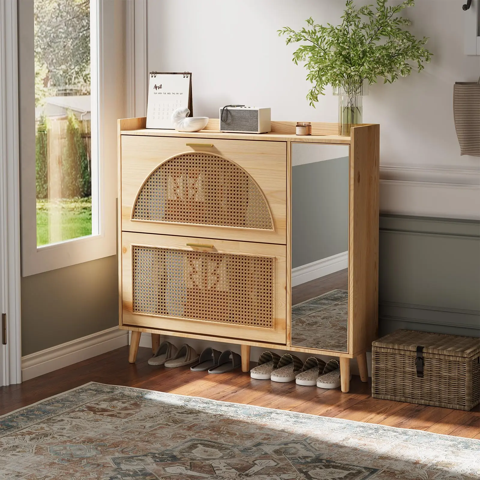 Natural Oak Light Wood MDF-Rattan Shoe Cabinet Organiser - 2 Flip Drawers, Mirror Panel, Adjustable Shelves & Dividers, Farmhouse Slim Freestanding Hidden Shoe Storage Rack for Entryway