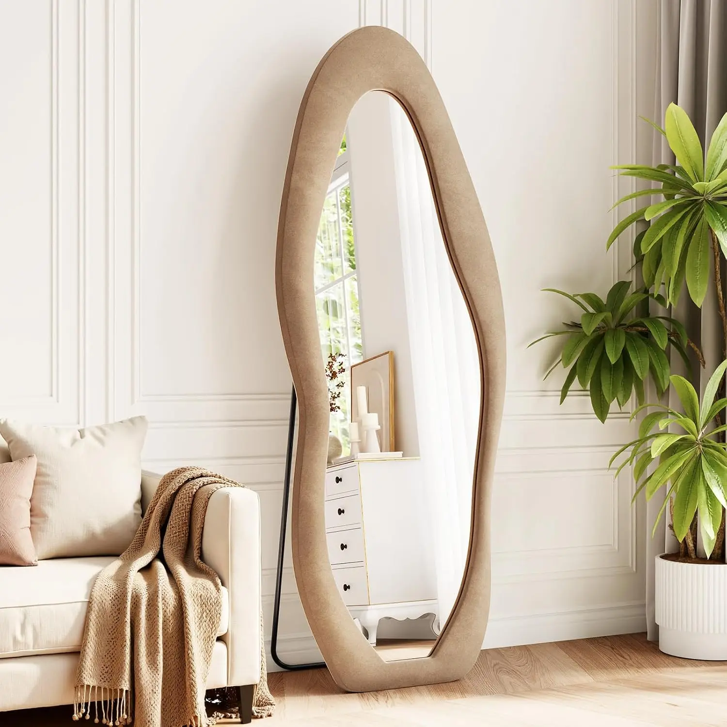 Irregular Full Length Mirror Flannel 63"x24" Full  Mirror |  Floor Mirrors with Stand, Irregular Wavy Mirror  or Leaning Against Wall for Bedroom Living Room, Brown