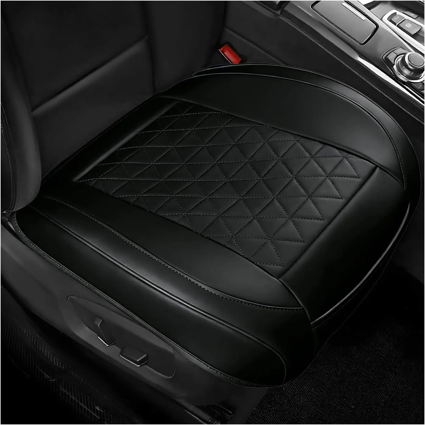 Seat Cover, Triangular  Anti-Slip Bottom Auto Front Seat Cushion Pad with Storage Pocket, Comfortable Leather Seats Protector  for   SUVs (Black)