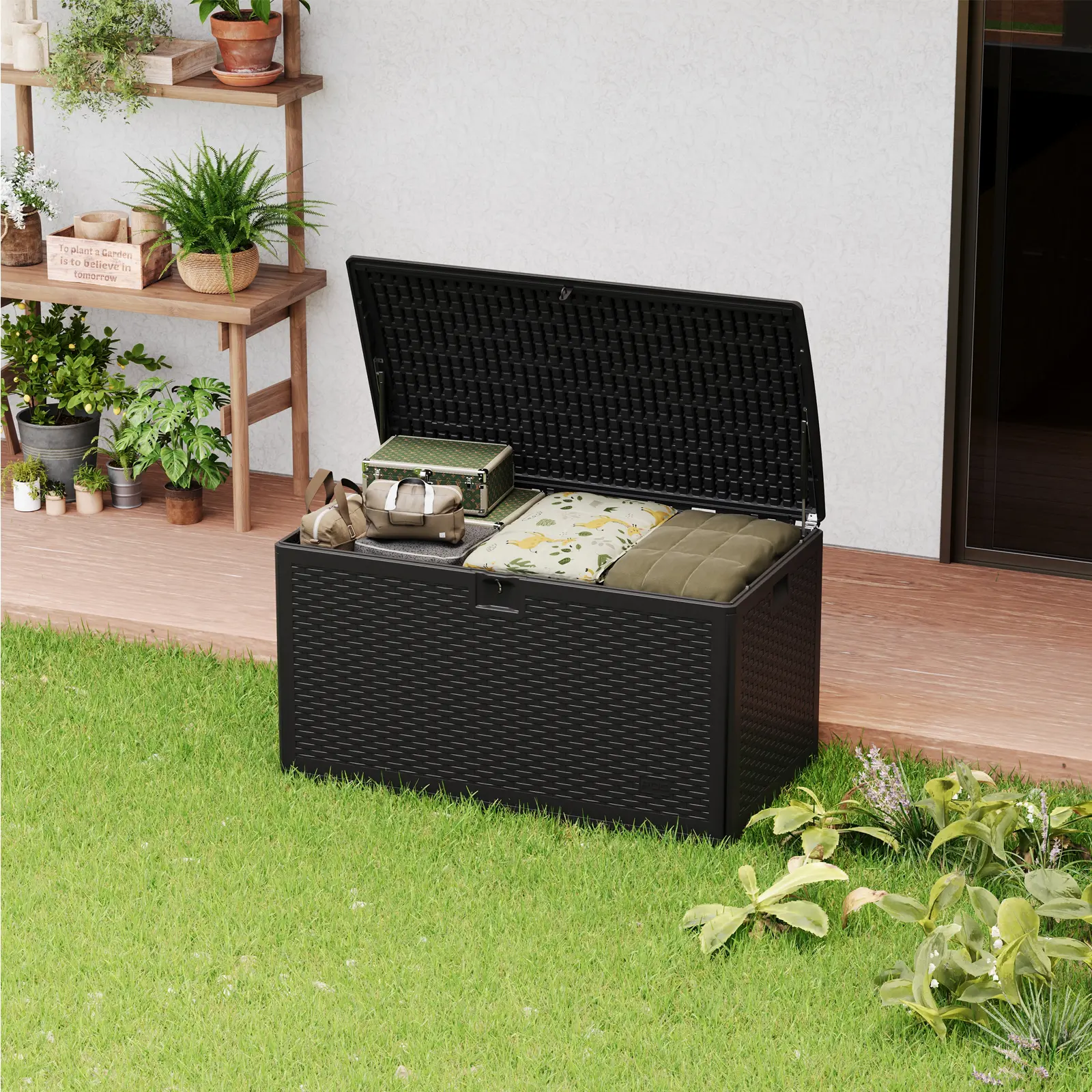120 Gallon Large Lockable Deck Storage Box, Waterproof Lockable Outdoor Storage Container with Hydraulic Rod and Side Handles, Weatherproof Storage Chest for Patio Pool Garden