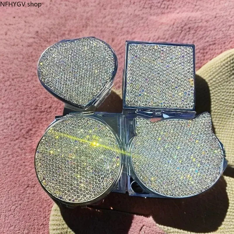 Sparkly Rhinestone Travel Makeup Compact Mirror, Luxury Foldable Portable Pocket Mirror With Clear Dual Lens, Compact Lightweight Cosmetic Accessory Perfect For On-the-Go Lipstick And Foundation Touch-Ups During Travel And Daily Outings