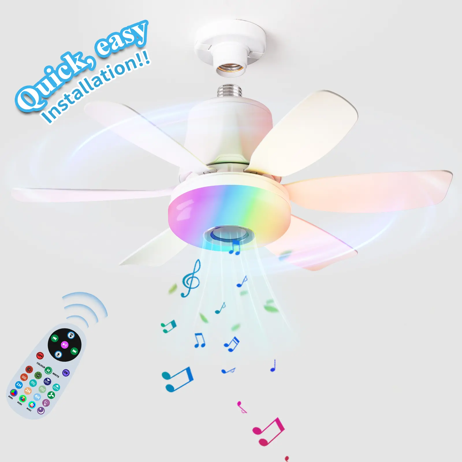 Socket Fan Light with Remote, Socket Breeze Ceiling Fan with Bluetooth Speaker, RGB, 3 CCT, 3 Fan Speed, Small Ceiling Fans with Lights Screw in Ceiling Fan for Bedroom Garage