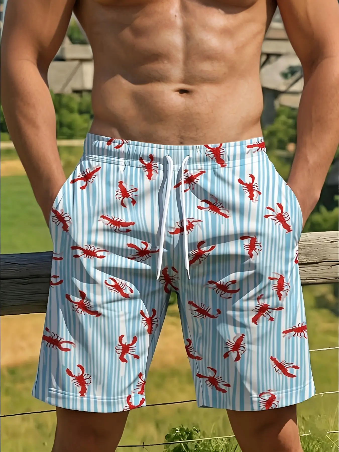 Men's Blue Stripe Lobster Print Swim Shorts, Nautical Quick Dry Board Shorts, Preppy Coastal Style for Miami, Swimming Shorts, Swimwear Shorts