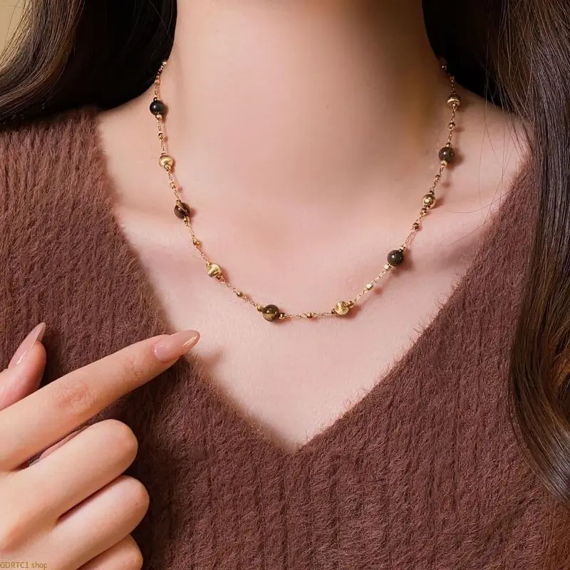 Women's Natural Tiger Eye Round Bead Double-Layered Necklace - Brushed Gold, Golden Brown Warm Earthy Tone, Comfortable Boho Vintage Chain for Turtlenecks, Fall Winter Daily Wear, Holiday Gift Bag Charm Accessory