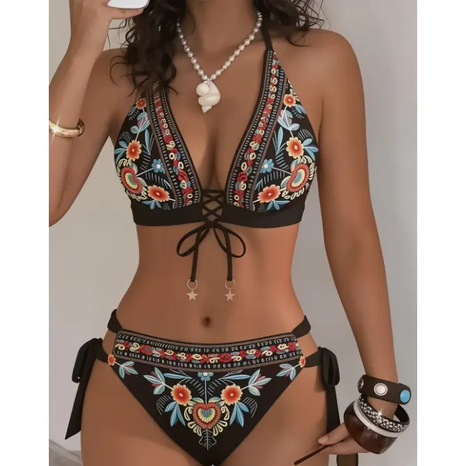 New Ethnic Style Floral Print Women's Summer Bikini Set, Fashion Sexy Adjustable Bathing Suit, Beach Resort Swimwear