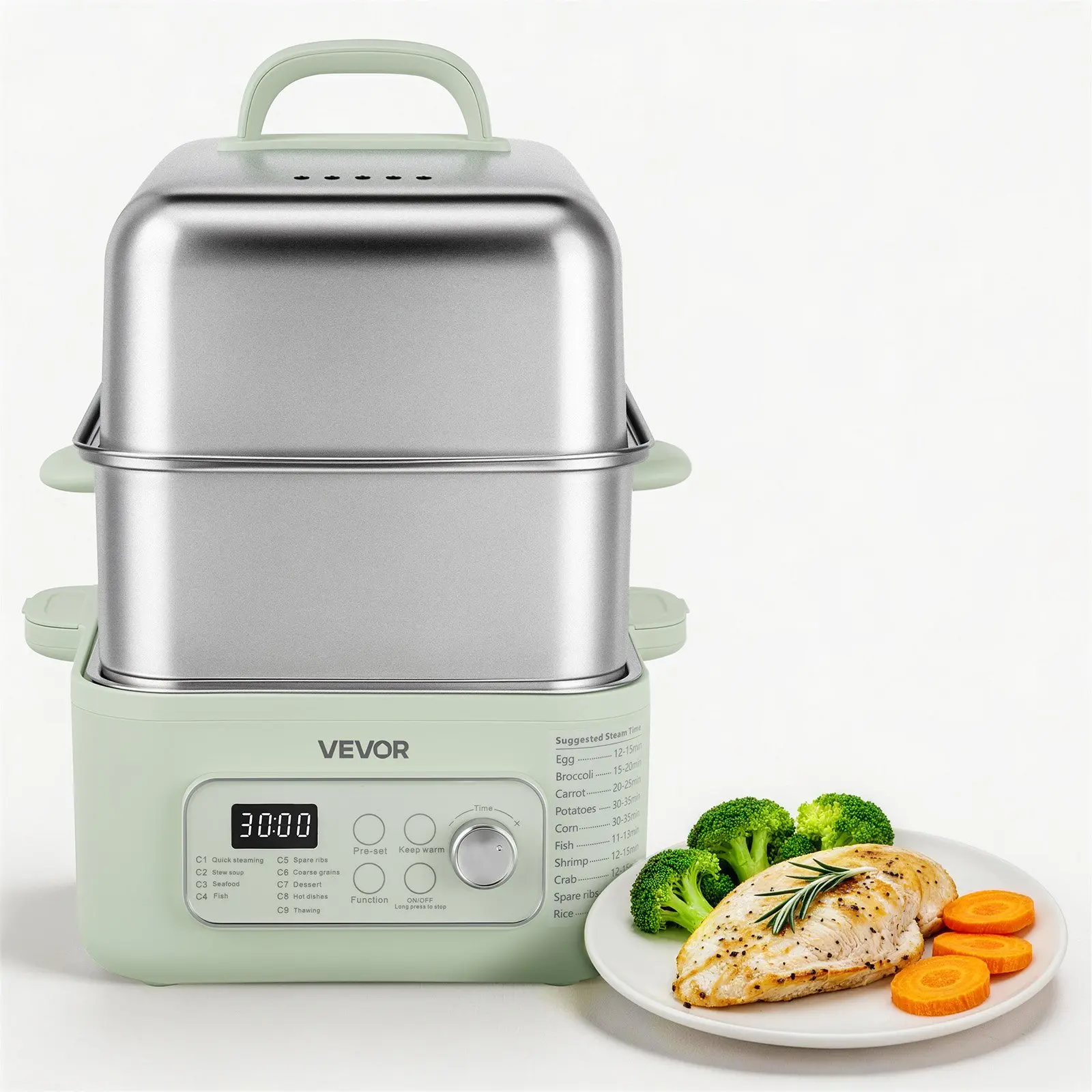 VEVOR Electric Food Steamer 13.7 QT 2-Tier Stainless Steel for 3-6 Servings, 1500W Vegetable Meal Steamer for Cooking with 9 Pre-Programmed Settings, Keep Warm, for Veggies, Seafood Rice, Green