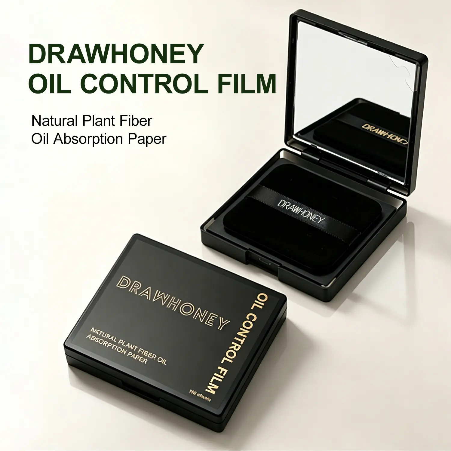 Drawhoney facial blotting paper, featuring a mirror surface and fluffy powder pad design. It is made of natural materials and is an oil-absorbing blotting paper. Comes in a 200-sheet pack. Portable makeup restorers.
