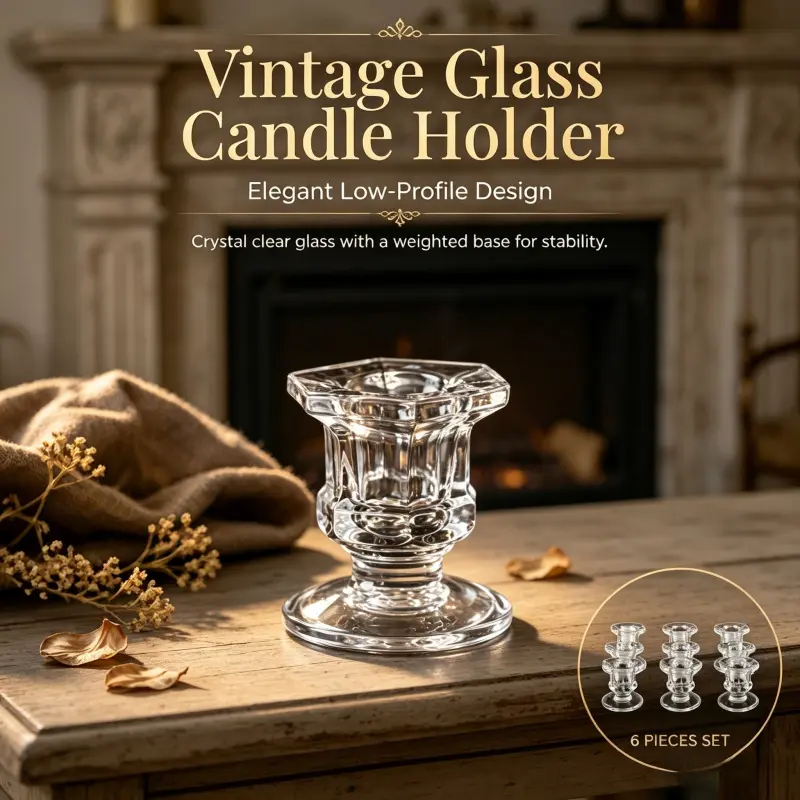 6 Pack Vintage Clear Glass Taper Candle Holders Weighted Stable Base Low Profile Crystal Candlestick For Wedding Dinner Table Centerpiece Decor