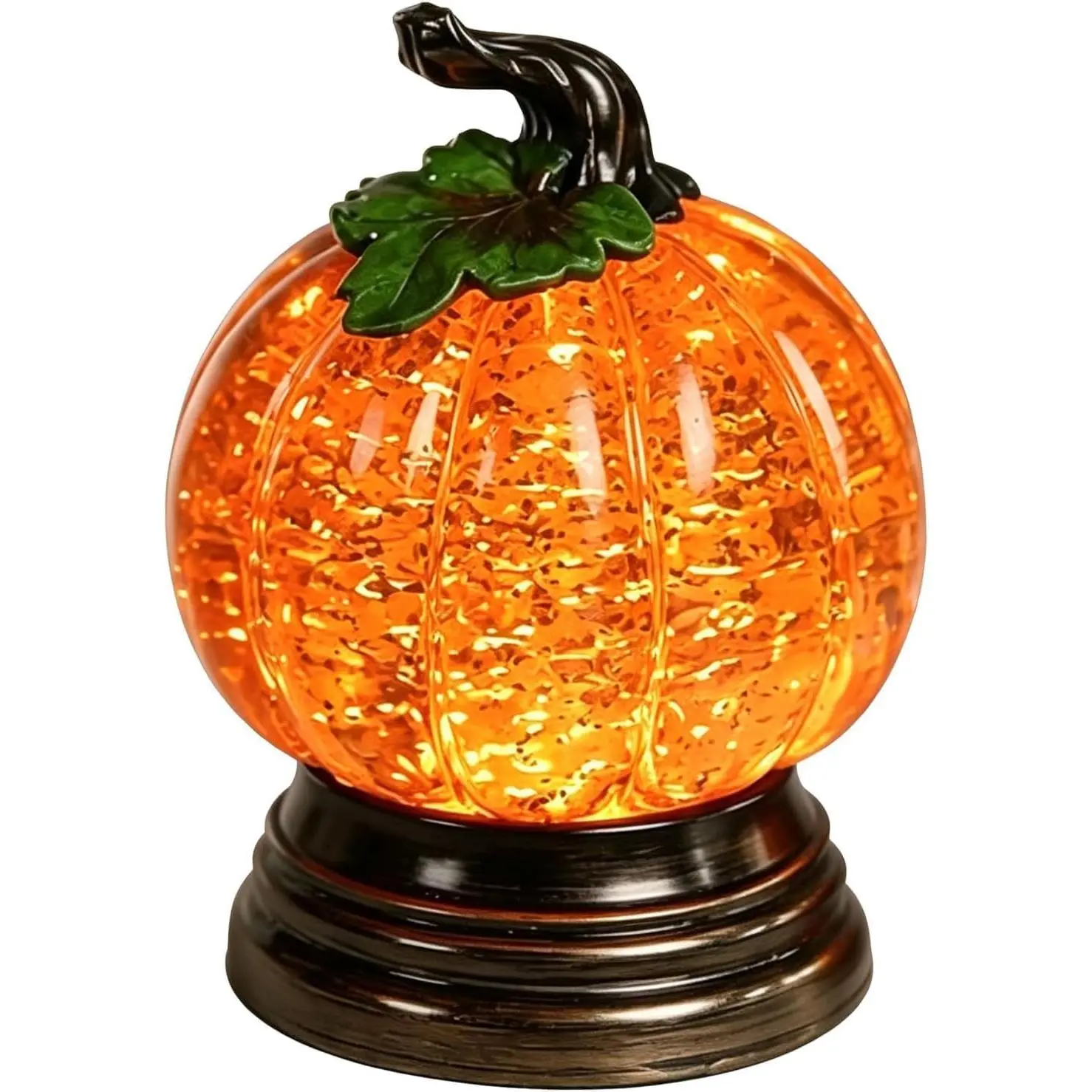 2-Piece Glitter Fill Plastic Resin Pumpkin Shape Snow Globe Set, Halloween Tabletop Decor with Warm Orange LED Lights, Fall Thanksgiving Centerpiece Seasonal Gift