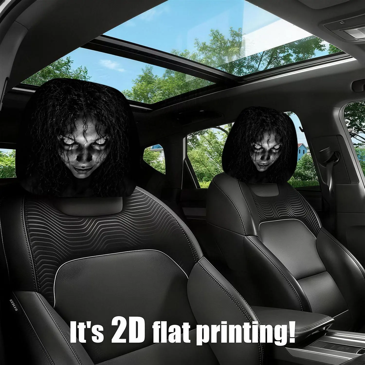 2PCS Modern Horror Style Scary Ghost Face Print Car Headrest Covers, Universal Automotive Interior Decor Accessories For Seasons And Daily Travel, Easy To Install Trendy Car Decoration, Ideal Gift For
