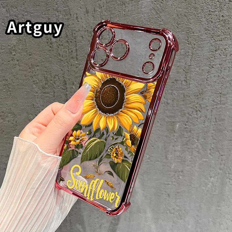 Compatible with iPhone 17 Pro Max 16 15 Plus Air 14 13 12 11 E Phone Case Sunflower Field Four-Corner Drop-Resistant Electroplated Transparent TPU Soft Protective Cover Gift