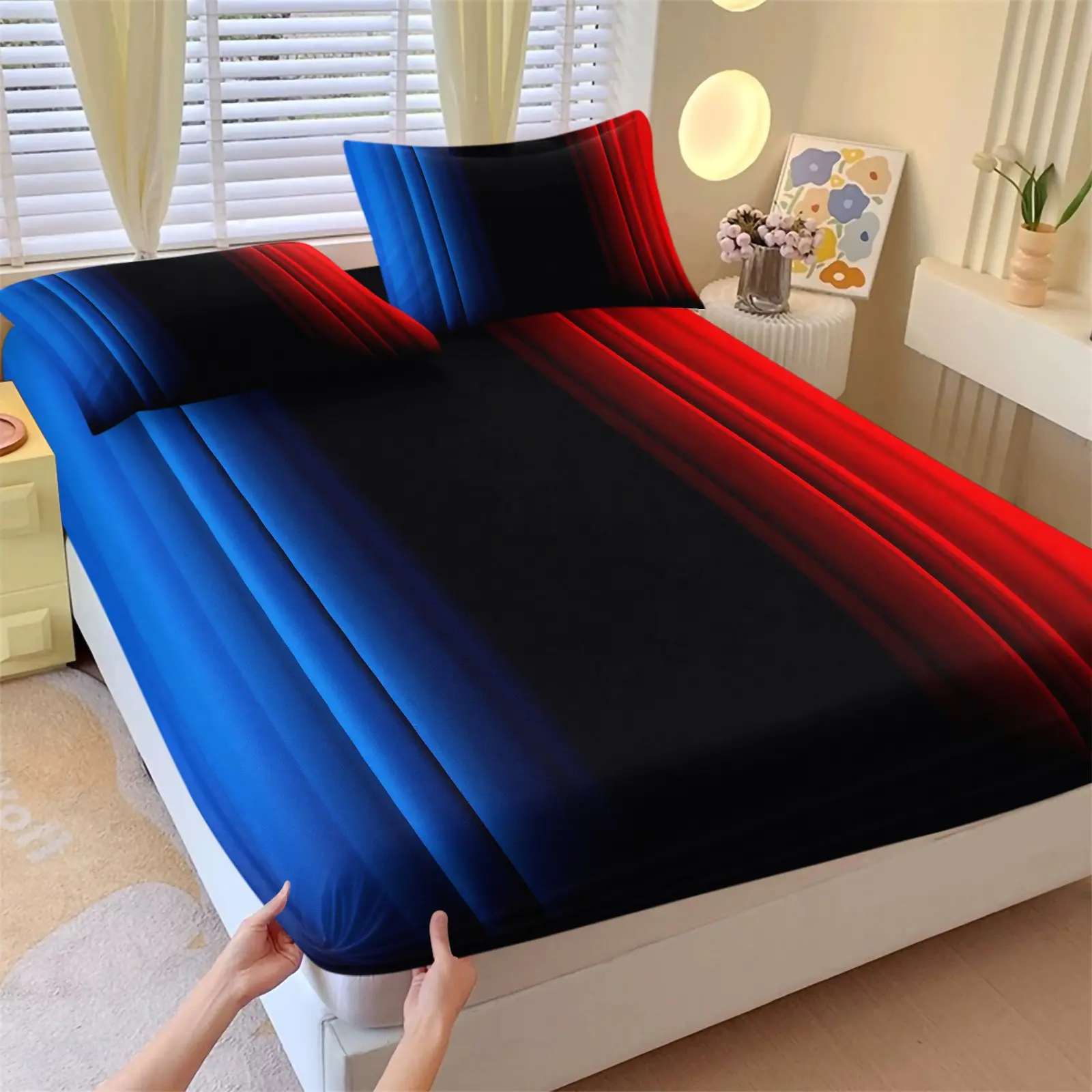 3-piece Cyberpunk Red Blue Gradient Stripe Fitted Sheet Set (fitted sheet1 + Pillow cases2), 12 Inches Deep Pocket Machine Washable, Low Allergenic High Quality Mattress Cover for Bedrooms Dorm Rooms, HD Printed All-Season Tech Neon Room Decor