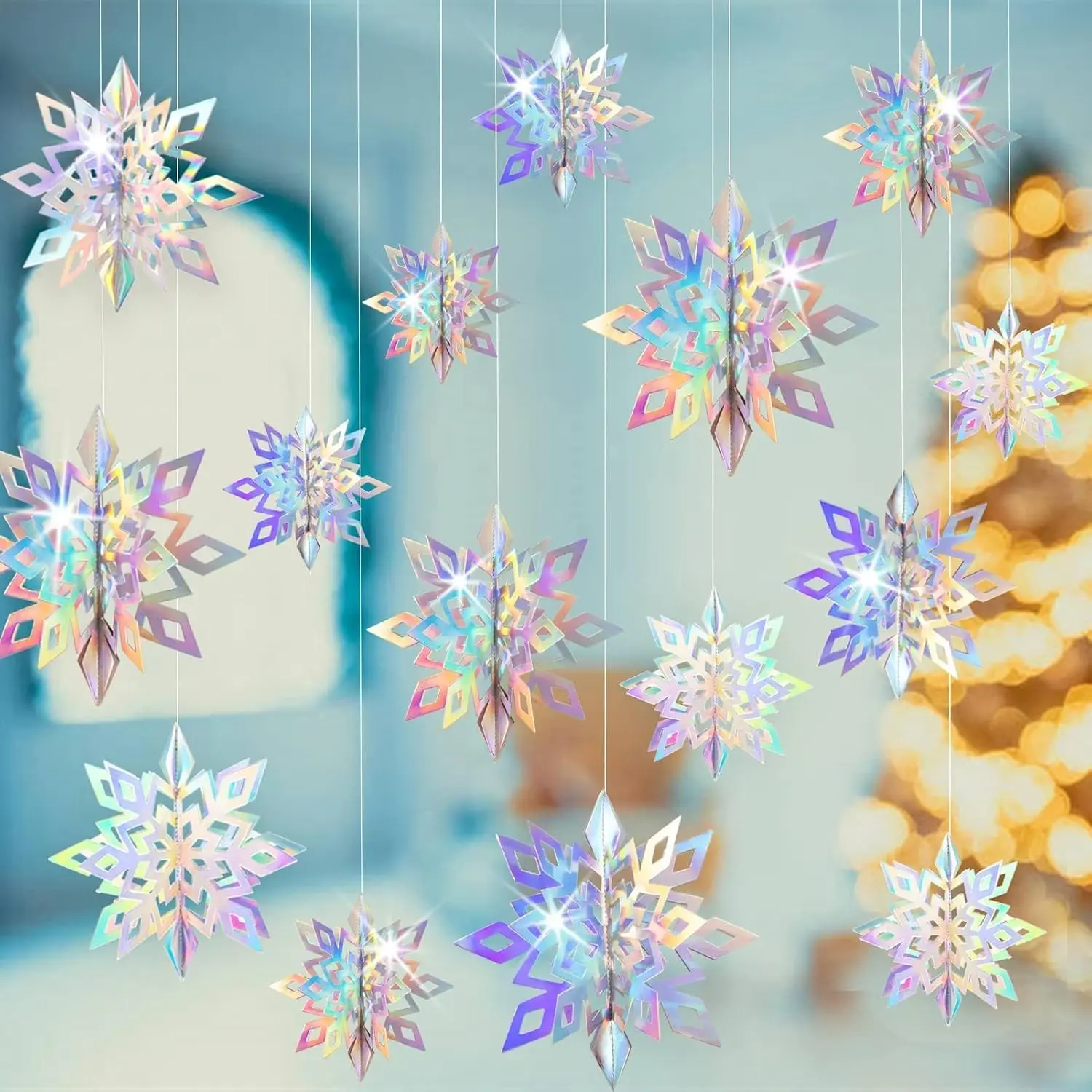 Christmas  Snowflakes for Winter Wonderland Frozen Party Decorations | 15 count,  paper, iridescent, snowflakes garland, birthday party decorations