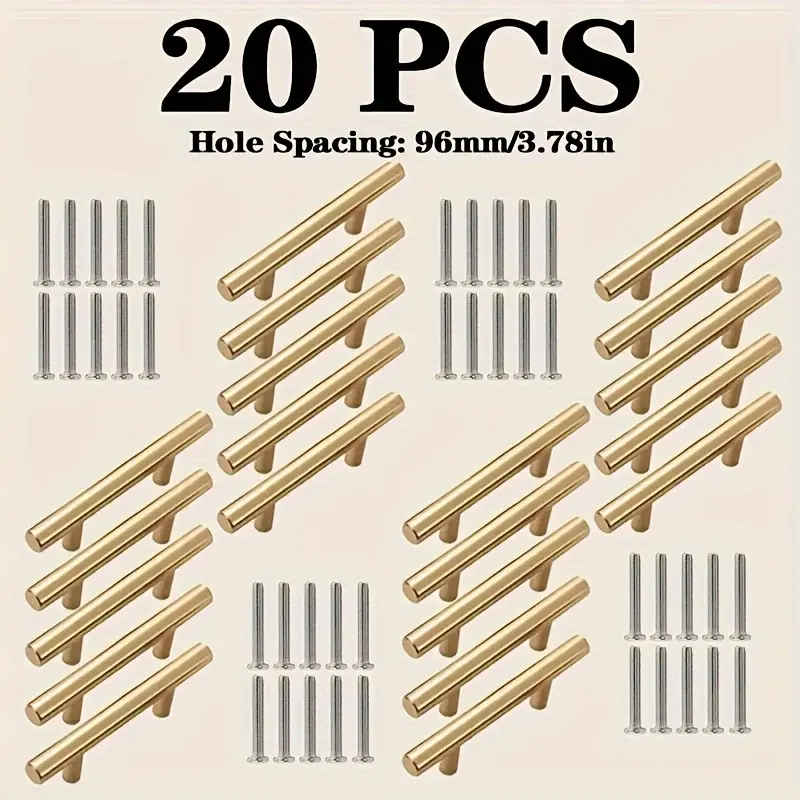 20pcs Gold Brushed Metal Cabinet Door Handles - Curved Modern Drawer Pulls, 150mm Length, Included Screws, Easy Installation, with Mounting Screws for Home Improvement