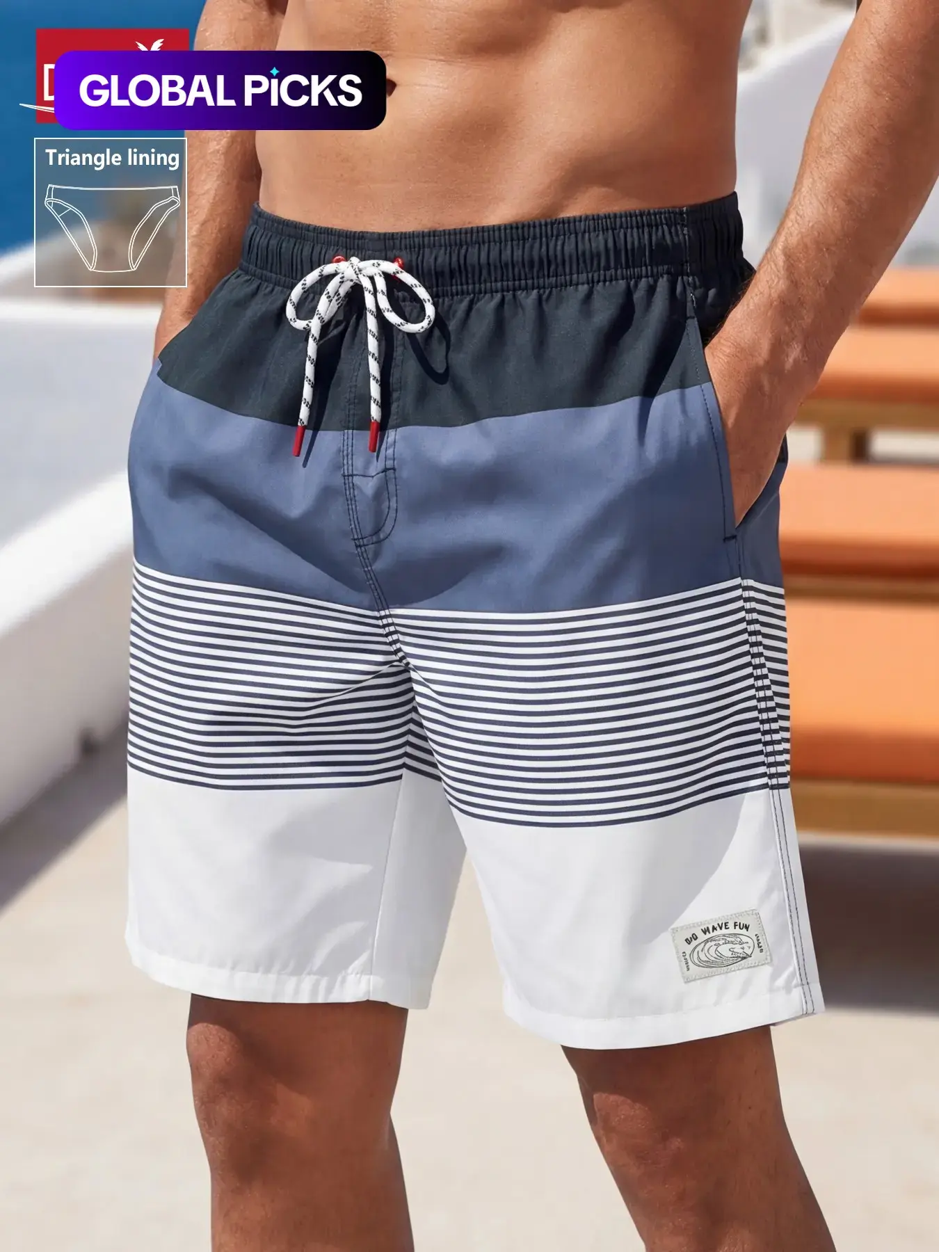 Men's Striped Swim Trunks, Casual Comfy Breathable Swim Shorts for Summer Outdoor Activities, Activewear Swimwear for Beach Vacation, Drawstring Swim Bottoms, Pockets Swimming Shorts