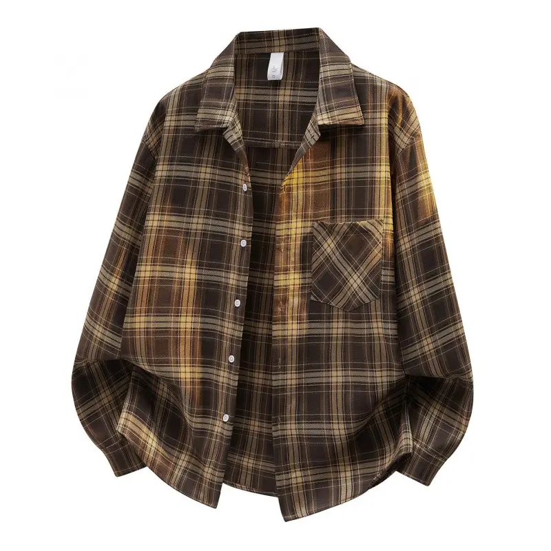Plaid Flannel Overshirt for Men, Casual Long Sleeve Button-Up Shirt with a Single Chest Pocket for Autumn Daily Wear, Striped, Overshirt Top, Fitted, New Year, Retro, Casual Retro, Everyday Wear, Breathable, Checked