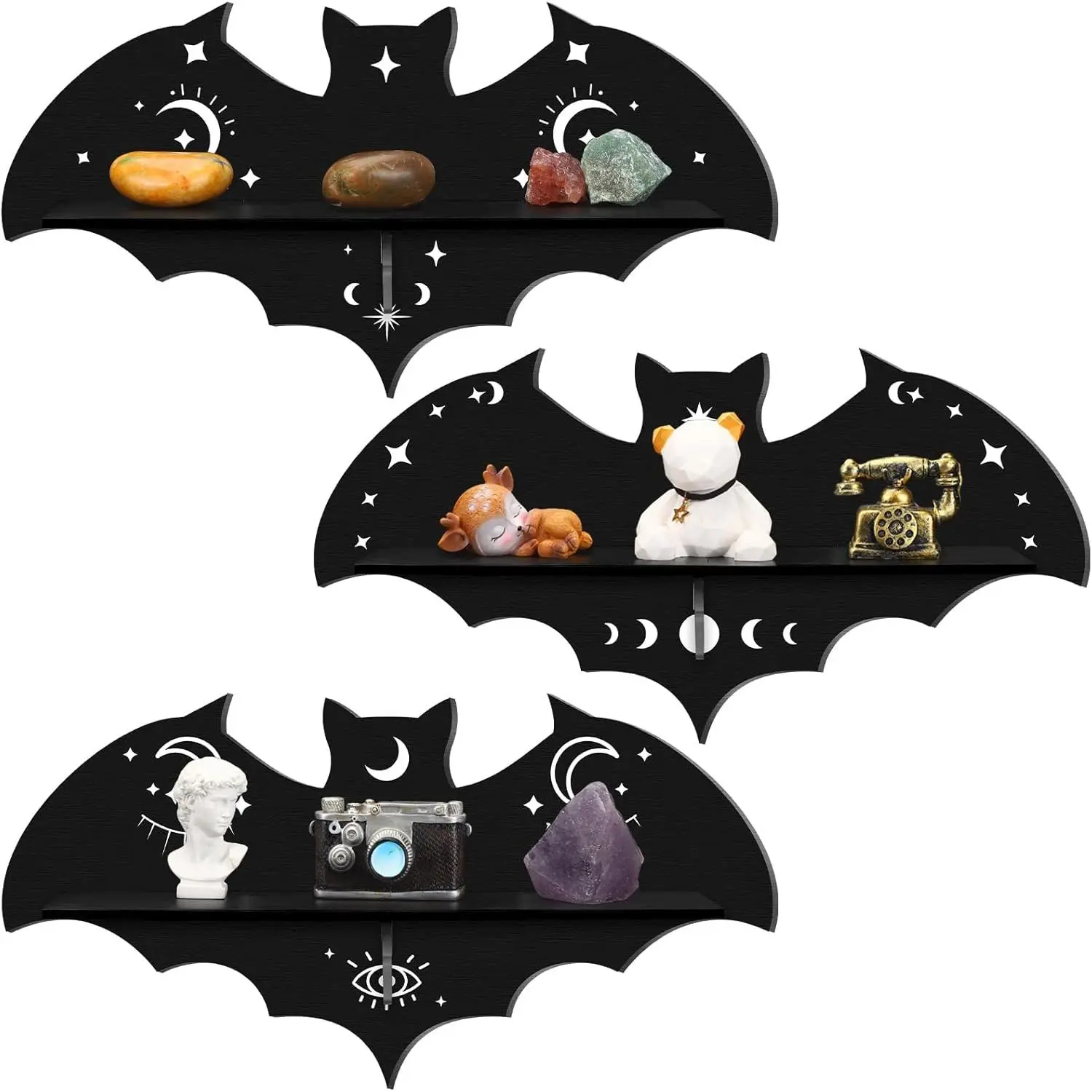 3 Pcs Bat Floating Wall Shelf Black Gothic Wall Shelves Decor 15.74 Inch with Hooks for Halloween Party Living Room Bedroom Kitchen Bathroom