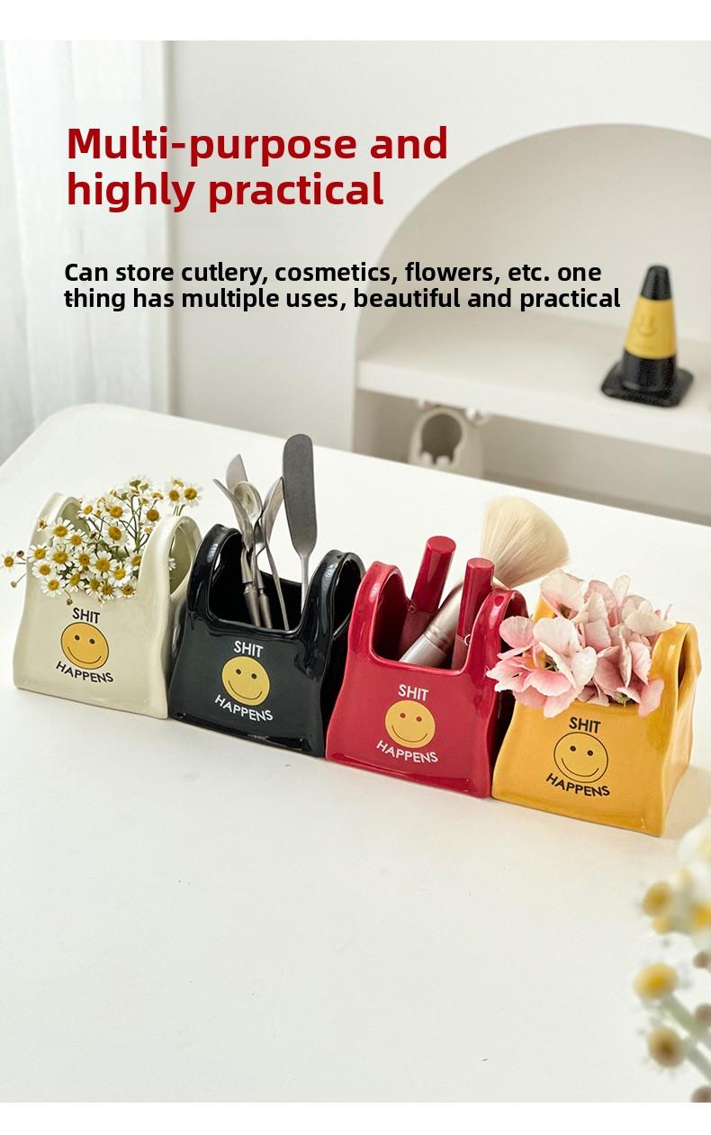 Unique handcrafted bag, creative ceramic pen holder for desktop, stationery storage box, small decorative makeup pen holder