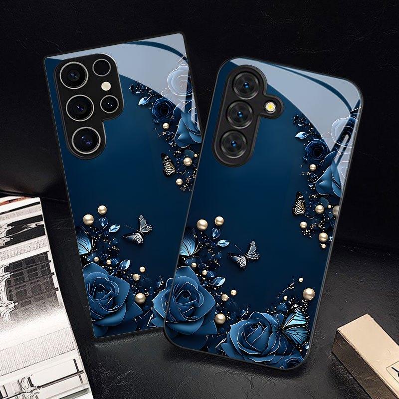 Phone Case - Dark Blue Rose Butterfly Print Phone Case for Samsung Galaxy S26 S25 S24 S23 S22Pro S21 S20 Fe Plus Ultra Pro A56 A55 A54 A53 A52 A51 A36 A35 A34 A32 A26 A25 A24 A23 A16 A15 A14 A06 A05 A03s