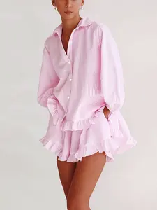 Women's Two-Piece Set Striped Bubble Sleeve Ruffle Shirt Shorts, Casual Vacation Style Clothing