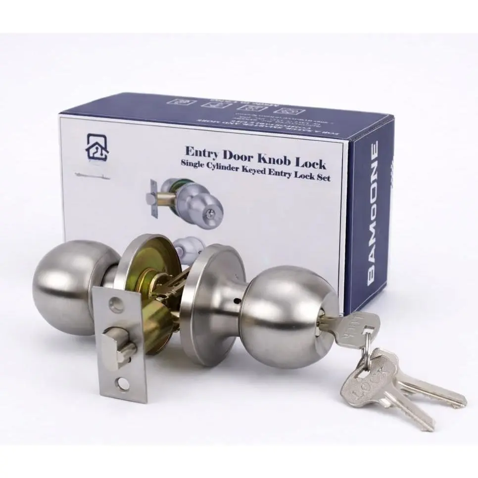 Keyed Entry Door Knob with Lock and Key, Round Exterior Front Door Knob, Single Cylinder Lockset, Fits Left & Right Hand Doors (Satin Stainless Steel)