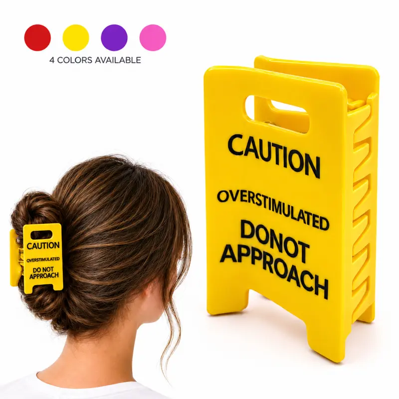 Overstimulated Caution Sign Hair Claw Clip for Women, Funny Mental Health Awareness Gift, Large Size for All Hair Types, Yellow Novelty Accessory Hair Clips