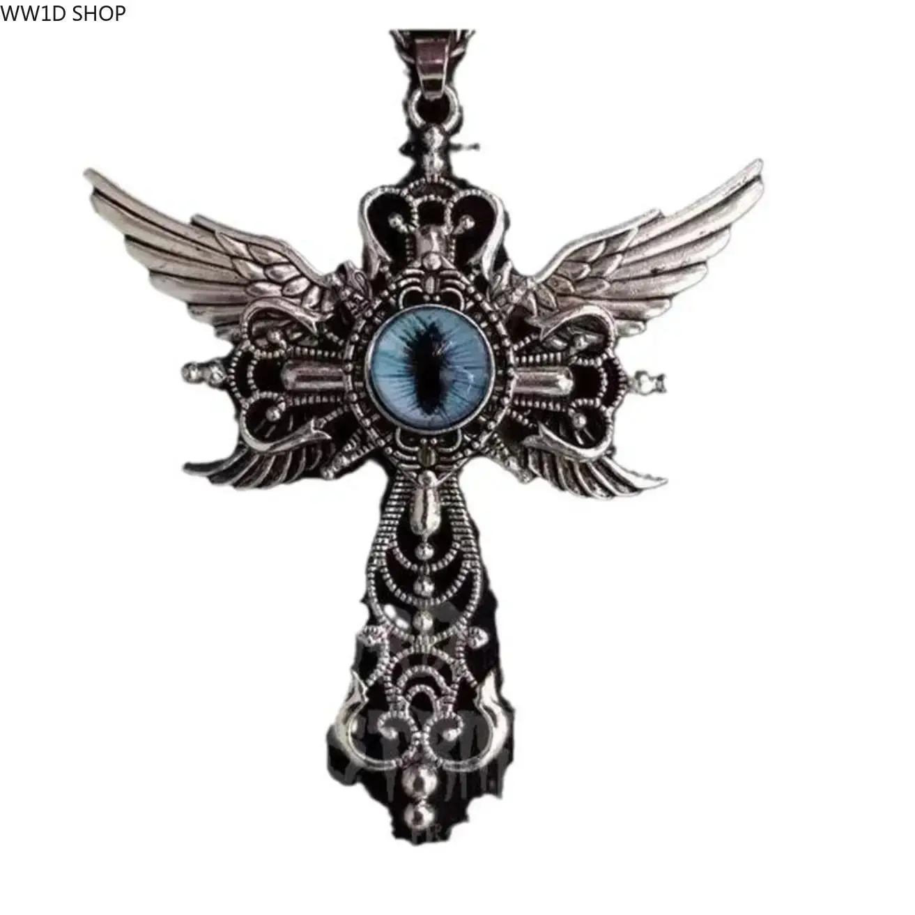 Unisex Pendant Necklace with Blue Devil's Eye, Sterling Silver Guardian Angel Winged Cross, Peppy Artistic Jewelry, Adjustable Birthday Gift for Protection, Glamorous, Anniversary, Ethnic, Eye Motif, Party, Protective Symbolism, Evil Eye Stone