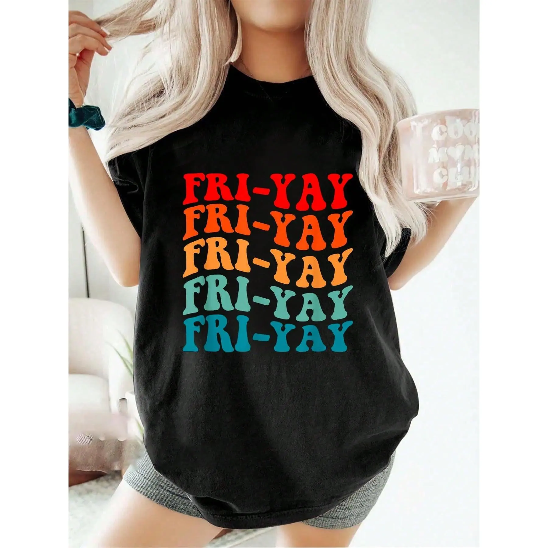 Plus Size Women Clothes Back To School Happy Fri-Yay Friday Lovers Fun Teacher Groovy T-Shirt Short Sleeve Round Neck Cotton T Shirt