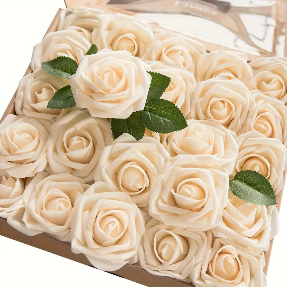 50pcs Bagged Set Foam Roses - 8cm/3.1 Inches Head, Real Touch Cream PE Material, Bendable Wire Stems, with Leaves, Floral Foam - DIY Wedding Boutonniere & Floral Decor Home Supplies