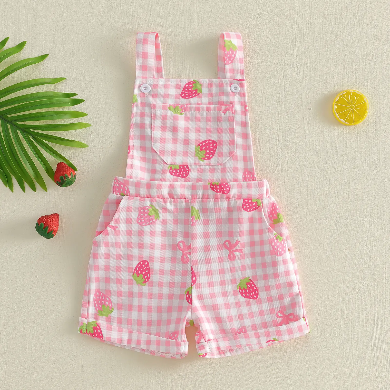 Toddler Girls Strawberry Print Sleeveless Square Neck Romper - Toddler Onesies, Elastane-Polyester Overalls Shorts, 12-18 Months, for Casual, Party Wear