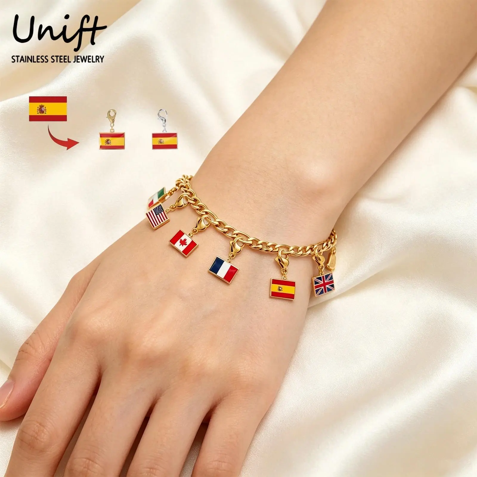 Stainless Steel Country Flag Charm Bracelet for Female Adults, 10x6.6mm Anti-Rust Flag Pendants, Jewelry Gift for Friends & Party, National Flags