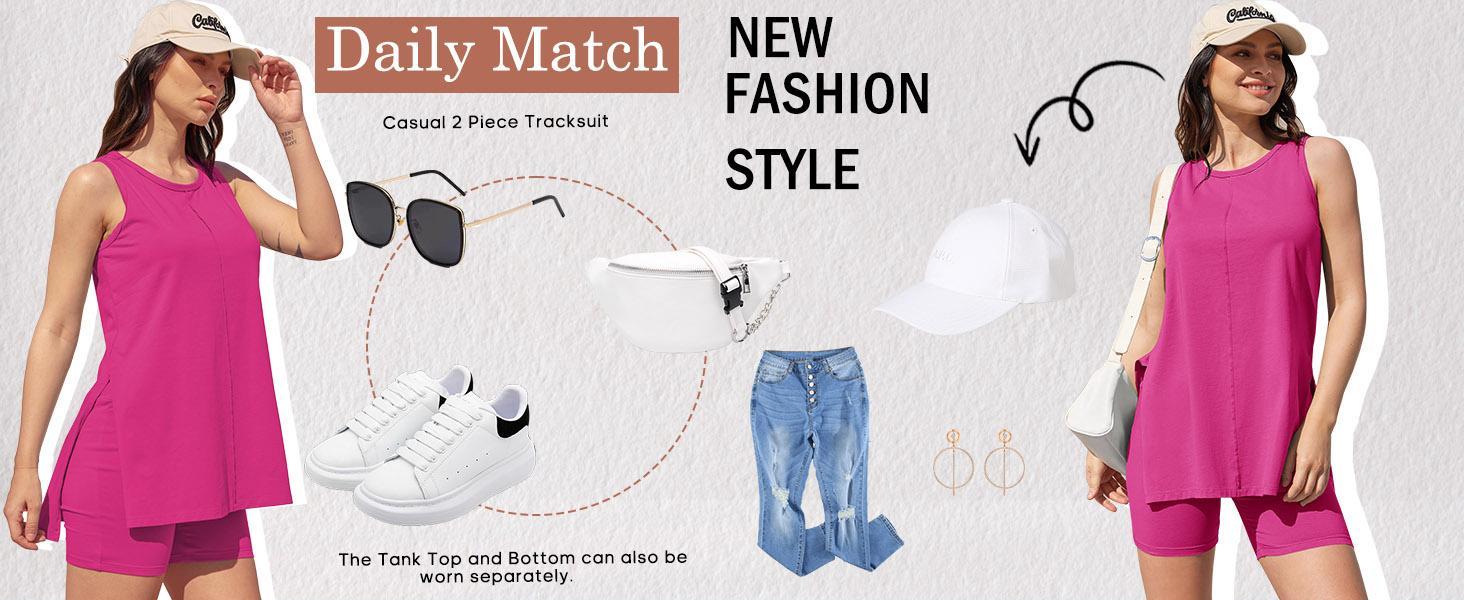 Imily Bela Women's Summer 2 Piece Outfits Sleeveless High Low Spilt Hem Tank Top Biker Shorts Sets Lounge Set Tracksuit