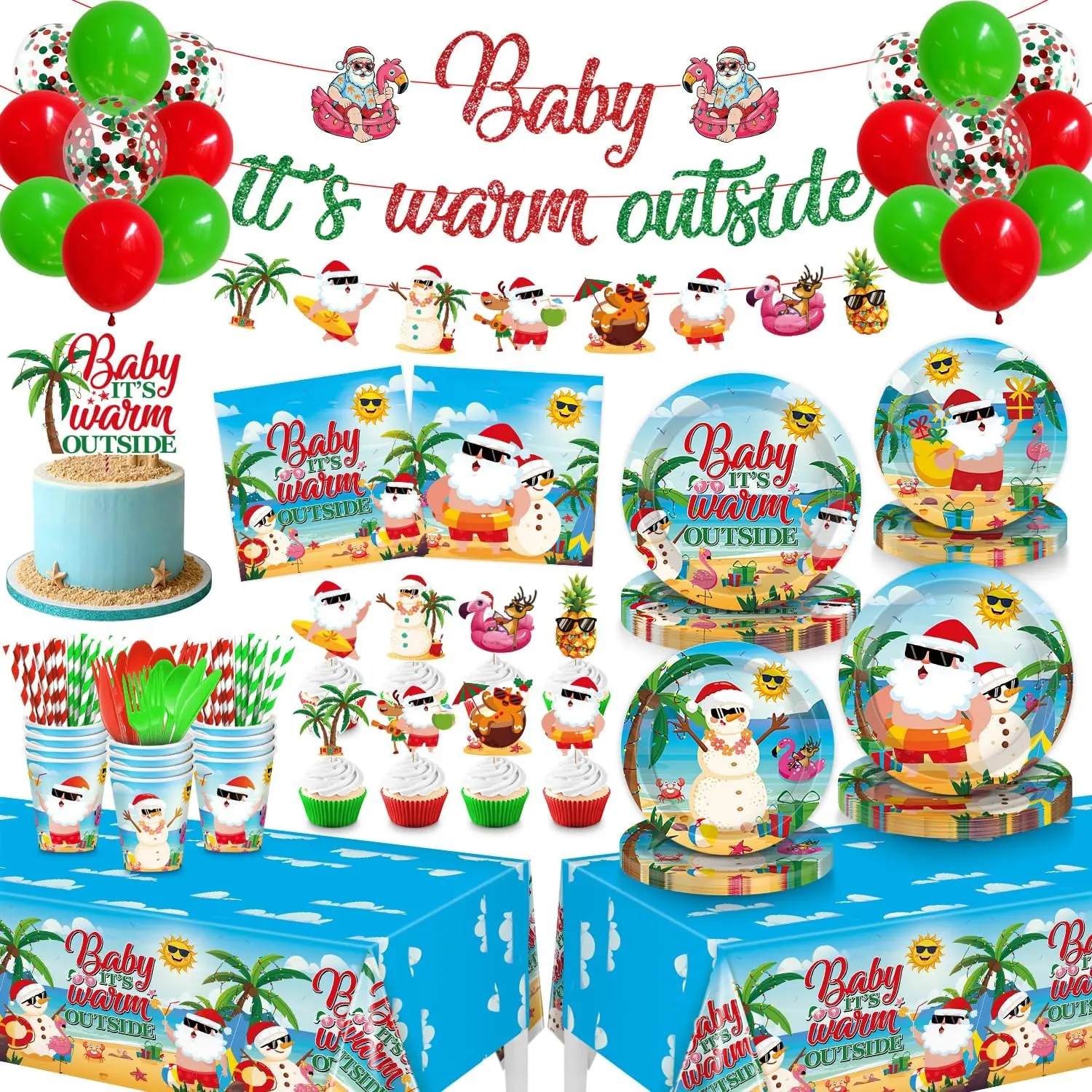 "Baby It's Warm Outside 205-Piece Party Decoration & Tableware Set (Serves 24) - Christmas Vibes, Colorful Prints, Disposable, Durable, Includes Banner, Balloons, Cake Toppers, Tablecloth, Easy Setup for Outdoor Events"
