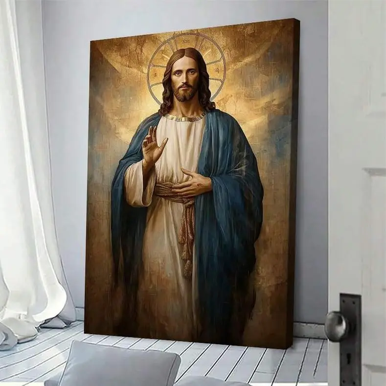 1PC Framed Jesus Christ Wall Art Canvas Print - Religious Decorative Portrait Poster, Christian Spiritual Illustration Gift for Living Room, Bedroom, Ready to Hang