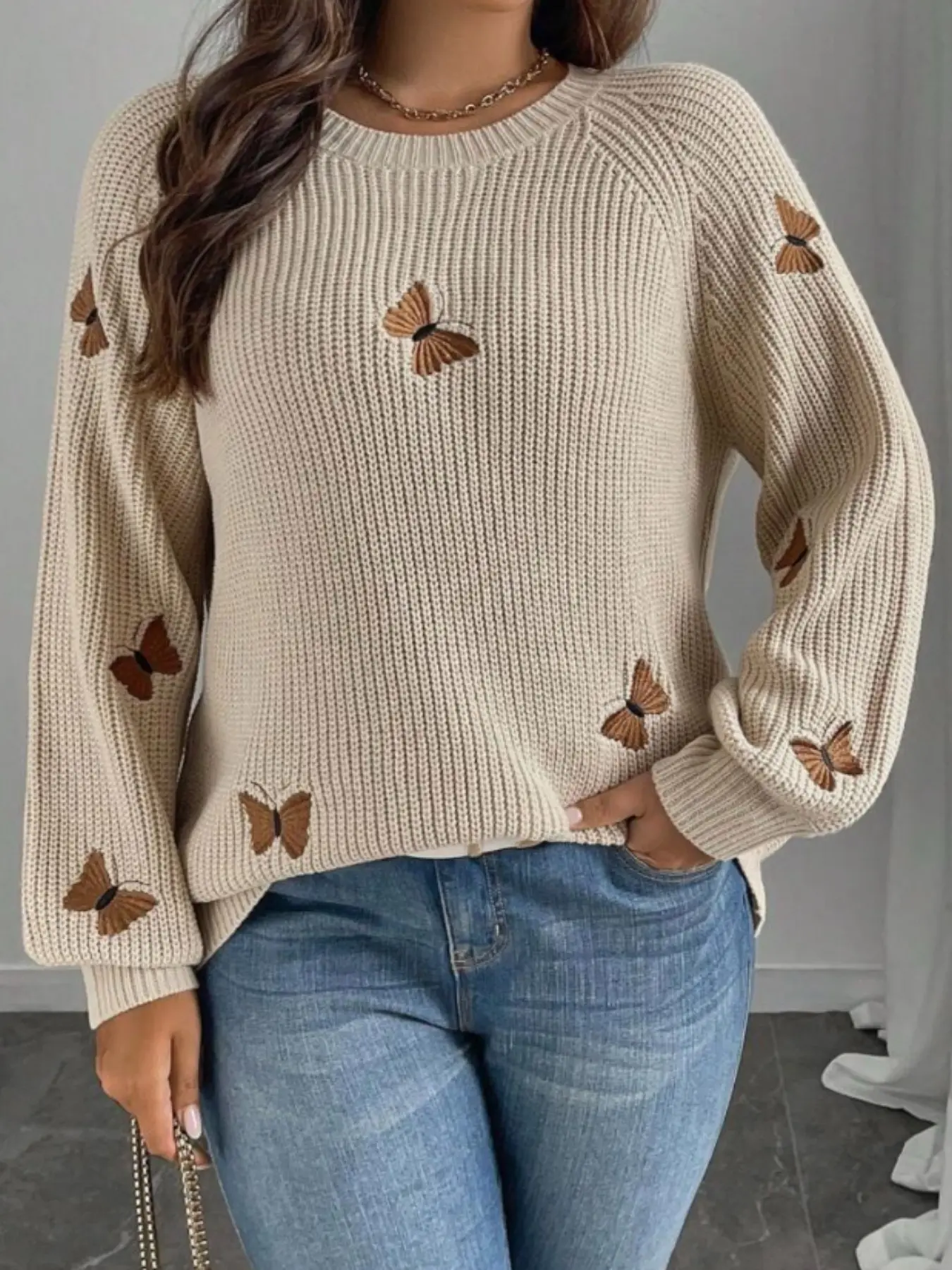 Plus Size Women's Knit Pullover Sweater, Butterfly Embroidery, Round Neck, Raglan Sleeve, &, Fall Winter Fashion, Casual Daily Wear